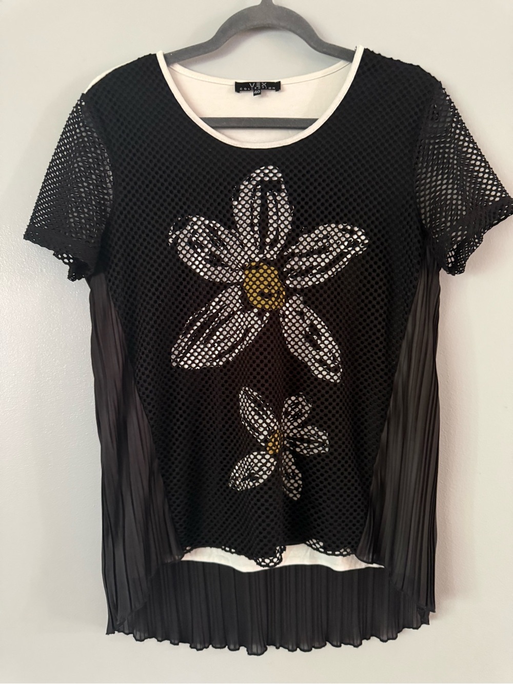 Vex Collection Fishnet Mesh Flower Accent Plissé Pleat Layered Tee